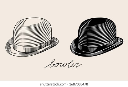 Bowler hat. High quality vintage vector engraved style line art illustration. Black and white drawing.