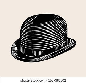 Sombrero Bowler. Ilustración de arte de línea de estilo vectorial de alta calidad grabado. Dibujo en blanco y negro.