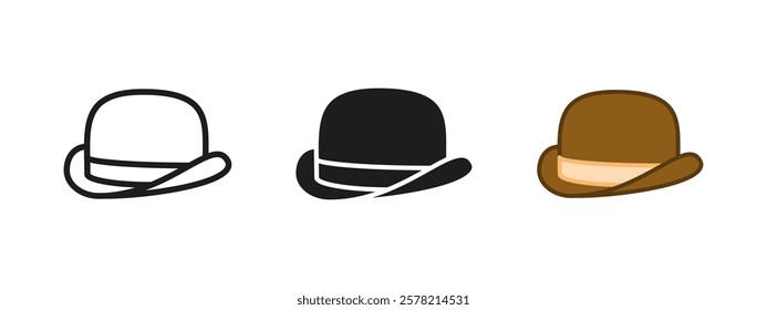 Bowler hat icon. Derby hat vector illustration. Round gentleman vintage accessory symbol. Retro men's headwear sign. Classic man headgear silhouette. Cowboy closing pictogram isolated.