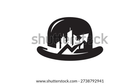 Bowler hat logo with cityscape and upward trending graph representing business growth and success in a modern industry setting, symbolizing prosperity and financial progress.
