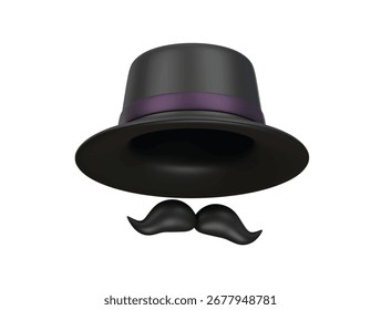 Sombrero de bombín y bigote icono 3D ilustración render