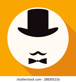 Bowler hat and moustache on white circle with a long shadow