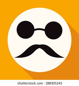 Bowler hat and moustache on white circle with a long shadow