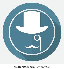 Bowler hat and moustache on white circle with a long shadow