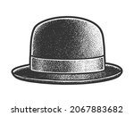 Bowler hat sketch engraving vector illustration. T-shirt apparel print design. Scratch board imitation. Black and white hand drawn image.