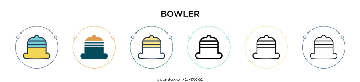 Bowler icon in filled, thin line, outline and stroke style. Vector illustration of two colored and black bowler vector icons designs can be used for mobile, ui, web