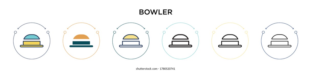 Bowler icon in filled, thin line, outline and stroke style. Vector illustration of two colored and black bowler vector icons designs can be used for mobile, ui, web