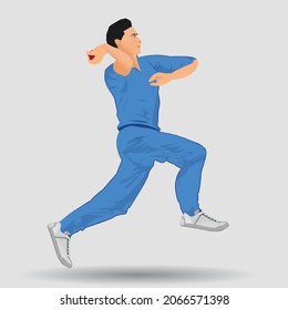 Bowler Illustration Cricket Right Handed Fast Bowling - Holding Red Ball, Blue Jersey And White Shoes.