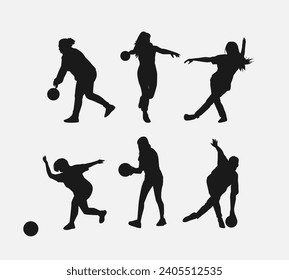 bowler silhouette collection set. player, bowling sport, hobby concept. different actions, poses. monochrome vector illustration.