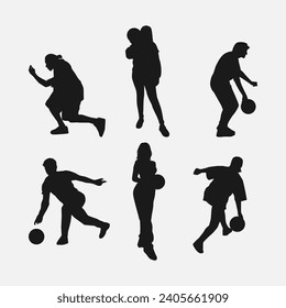 bowler silhouette collection set. player, bowling sport, hobby concept. different actions, poses. monochrome vector illustration.