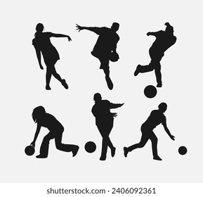 bowler silhouette collection set. player, bowling sport, hobby concept. different actions, poses. monochrome vector illustration.