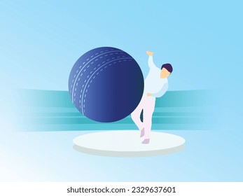 Bowler throwing cricket ball vector illustration with stadium