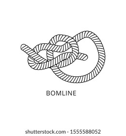 Bowline knot - marine nautical rope string tied and twisted into complex loop, nautical and hand craft skill instruction figure isolated on white background, hand drawn vector illustration