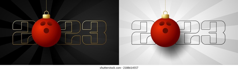 Bowling 2023 Happy New Year. Sports greeting card with golden bowling ball on the luxury background. Vector illustration.