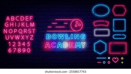 Bowling academy neon emblem. Geometric frames collection. Leisure sport. Vector stock illustration