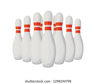 Bowling activity vector, isolated icon of skittles standing in row. Tournament game and sport, championship hitting objects with painted top. Active hobby