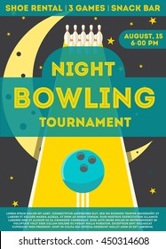 Bowling ad poster.  Vector flyer for night bowling tournament with pins and ball on black background. Flat style. Can be used for ad, promotion. Layout template in A4 size.