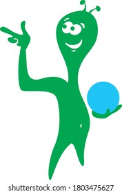 Bowling alien. Cheerful green alien also enjoys bowling. Vector drawing for logo and illustrations.