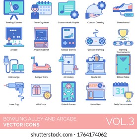 Bowling alley and arcade icons including class, event organizer, custom music playlist, catering, shoes rental, cabinet, classic game, console, LAN lounge, bumper car, air hockey, sports bar, billiard