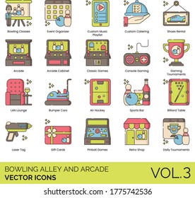 Bowling alley and arcade icons including class, event organizer, catering, shoes rental, classic game, console, LAN lounge, bumper car, air hockey, sports bar, billiard table, laser tag, gift card.