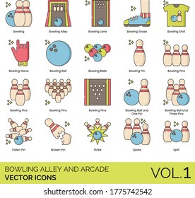 Bowling alley and arcade icons including lane, shoes, shirt, glove, balls, one, three, pin, fallen, broken, strike, spare, split.