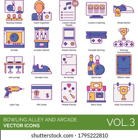 Bowling alley and arcade icons including class, catering, shoes rental, classic game, console, LAN lounge, bumper car, air hockey, sports bar, billiard table, laser tag, gift card, pinball, retro shop