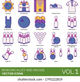Bowling alley and arcade icons including lane, shoes, shirt, glove, balls, one, three, pin, fallen, broken, strike, spare, split.