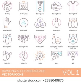 Bowling Alley and Arcade Icons Including Bowling; Alley; Lane; Shoes; Shirt; Glove; Ball; Balls; Pin; Pins; 3; All; 10; and; One; Three; Fallen; Broken; Strike; Spare; Split; Symbol; Set; Icon; Vector