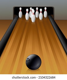 Bowling alley with a bowling ball in the foreground and the pins in the background