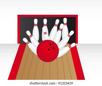bowling alley with bowling ball and bowling pin background. vector illustration