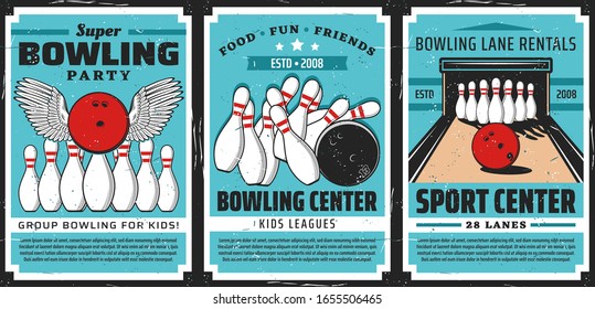 Bowling alley with balls and pins, vector posters. Bowling sport center lanes with skittles strike and winged ball. Retro posters of sporting competition and leisure activity