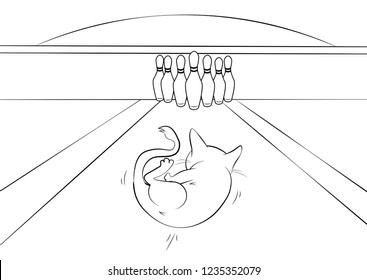 Bowling alley cat rolling down lane of bowling alley Amazing artwork of a cat bowling itself in a ball shape playing