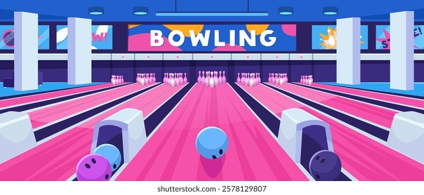 Bowling alley interior with colorful lanes and pins. Vector illustration