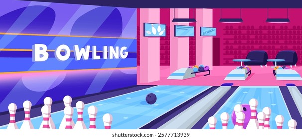 Bowling alley interior with lanes and pins. Vector illustration