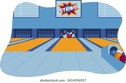 Bowling Gasse Innere mit Streik auf der Spur, bunten Bowling Kugeln, Stifte nach unten. Freizeit im Freien, Bowlingstreik, Vektorgrafik.