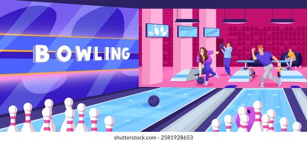 Bowling alley with people playing and pins in focus. Vector illustration