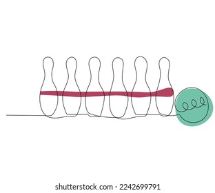 bowling alley. Bowling pins and a bowling ball. Mono line, single line art, continuous line