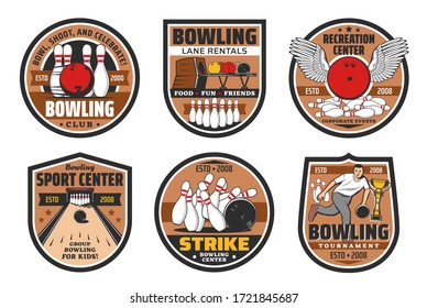 Bowling alley, skittle ground center vector icons. Ninepin bowling strike game tournament, sport recreation tournament and family entertainment center lane rentals, pins and ball with wings
