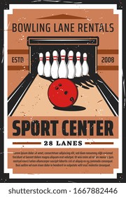 Bowling alley with skittles and ball sport retro poster. Leisure game recreation club, vector vintage card, bowling center lane rentals service, professional sports team tournament