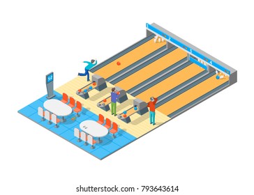 Bowling Alley Throwing Strike 3D Isometric View Sport Game or Leisure Hobby Concept. Vector illustration of Competition Tournament