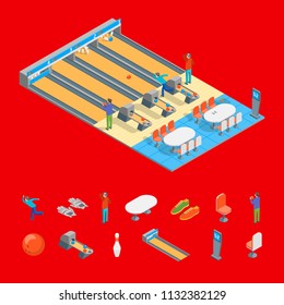 Bowling Alley Throwing Strike and Elements 3D Isometric View Sport Game or Leisure Hobby Concept. Vector illustration of Competition Tournament