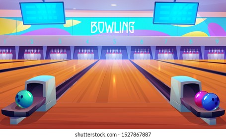 Bowling alleys with balls, pins and scoreboard screens. Empty club interior with skittles on lane, place for entertainment, leisure and sport tournaments. Recreation hobby. Cartoon vector illustration - Shutterstock ID 1527867887