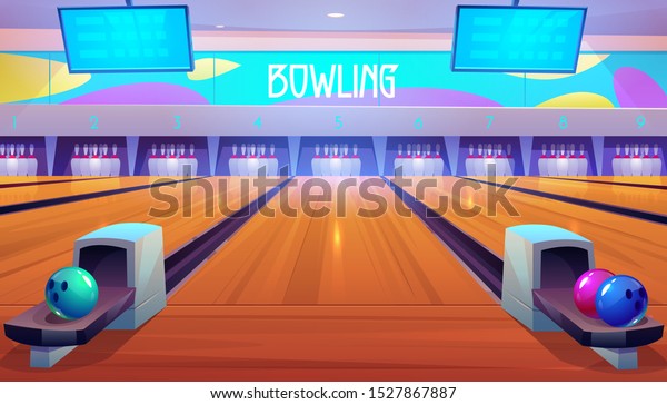 Bowling alleys with balls, pins and\
scoreboard screens. Empty club interior with skittles on lane,\
place for entertainment, leisure and sport tournaments. Recreation\
hobby. Cartoon vector\
illustration