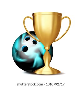 Bowling Award Vector. Bowling Ball, Golden Cup. For Sport Promotion. Tournament, Championship Flyer Design. Club, Academy. Invitation Element Illustration