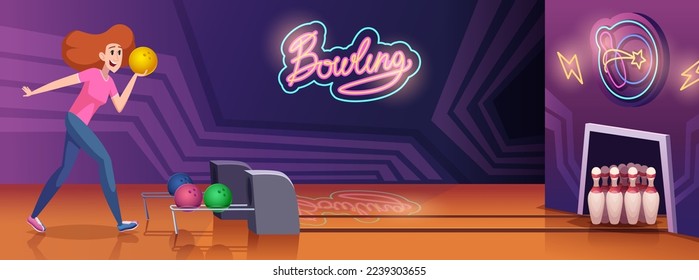 Bowling Hintergrund. Menschen im Bowlingclub, die im Action-Spiel mit Bälle und skittelexakter Vektorgrafik-Hintergrund spielen