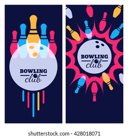 Bowling backgrounds, icons and elements for banner, poster, flyer, label design. Abstract vector illustration of bowling game. Colorful bowling ball, bowling pins on black background.