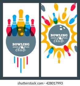 Bowling backgrounds and isolated elements for banner, poster, flyer, label design. Abstract vector illustration of kegling game. Colorful bowling ball and pins.