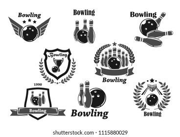 Bowling badges for championship tournament awards templates of bowling ball and skittle pins. Vector icons of winner cup prize or champion ribbon with trophy laurel wreath symbol and stars