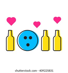 Bowling ball with beer bottles and hearts. Illustration flat vector icon on white background. For bowling fans. Elements for logo.