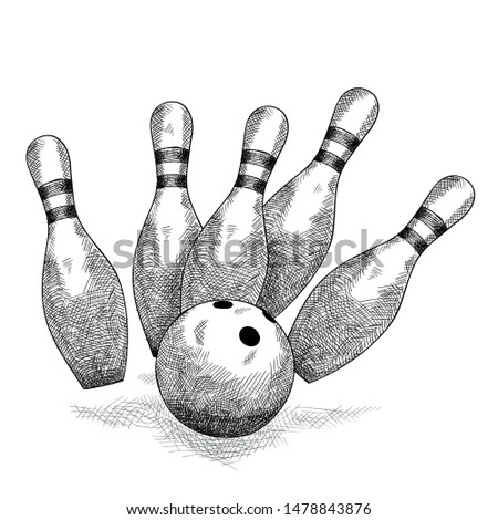 Bowling ball breaks six skittles Pencil sketch.